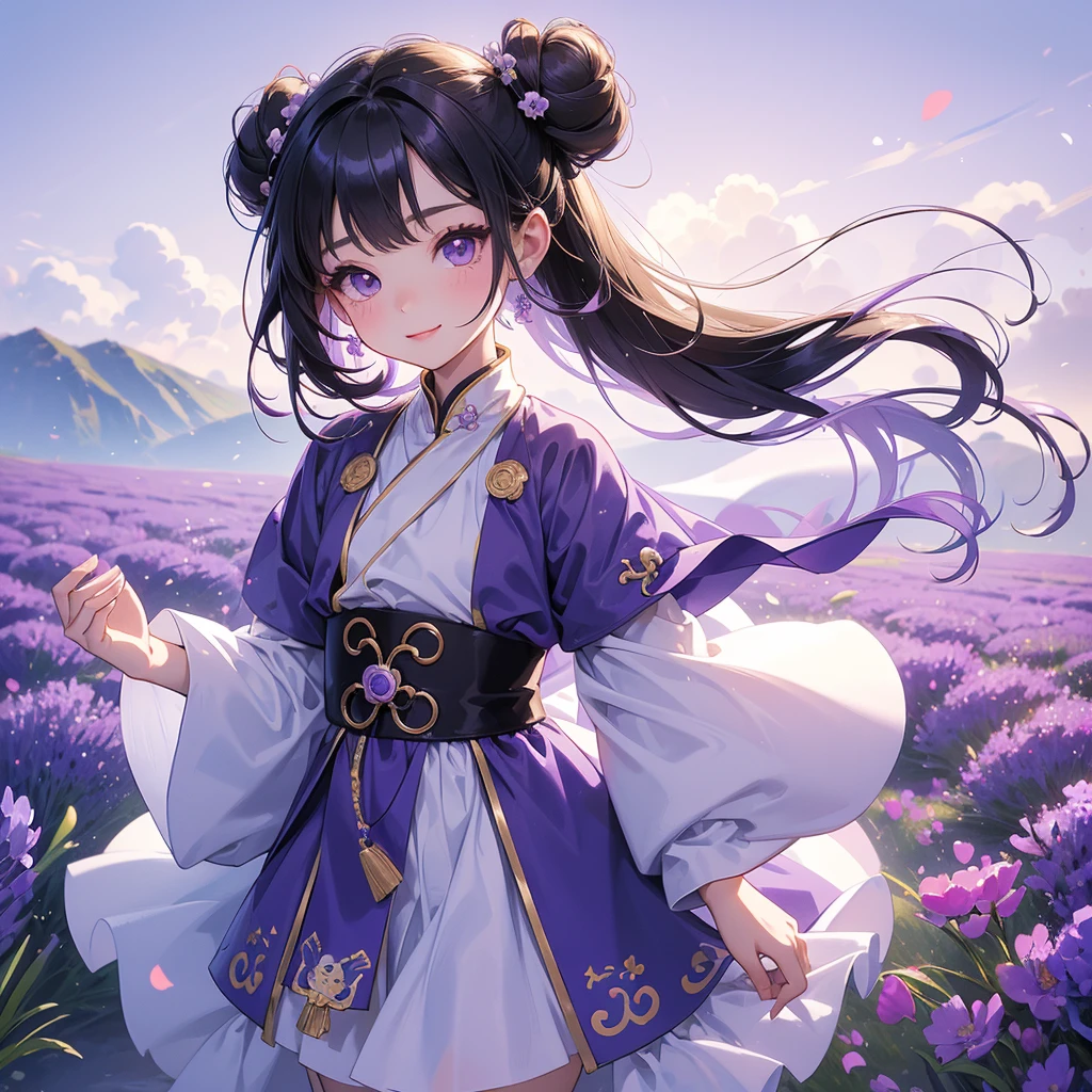 A chibi child girl had a small face and Wearing white little Taoist priest's outfit. A pair of big round eyes shone with curiosity about him. This child was so cute, Stroll among the purple lavender fields , There are some floating clouds.

her hair is black with two buns on her hair.small chibi, chibi baby, smiling ,Chibi.

