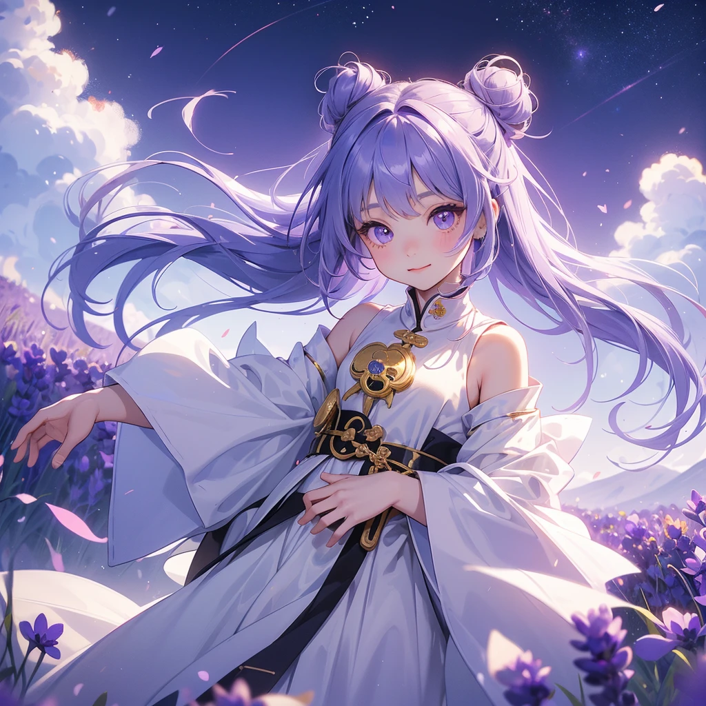 A chibi child girl had a small face and Wearing white little Taoist priest's outfit. A pair of big round eyes shone with curiosity about him. This child was so cute, Stroll among the purple lavender fields , There are some floating clouds.
her hair is black with two buns on her hair.small chibi, chibi baby, smiling ,Chibi.