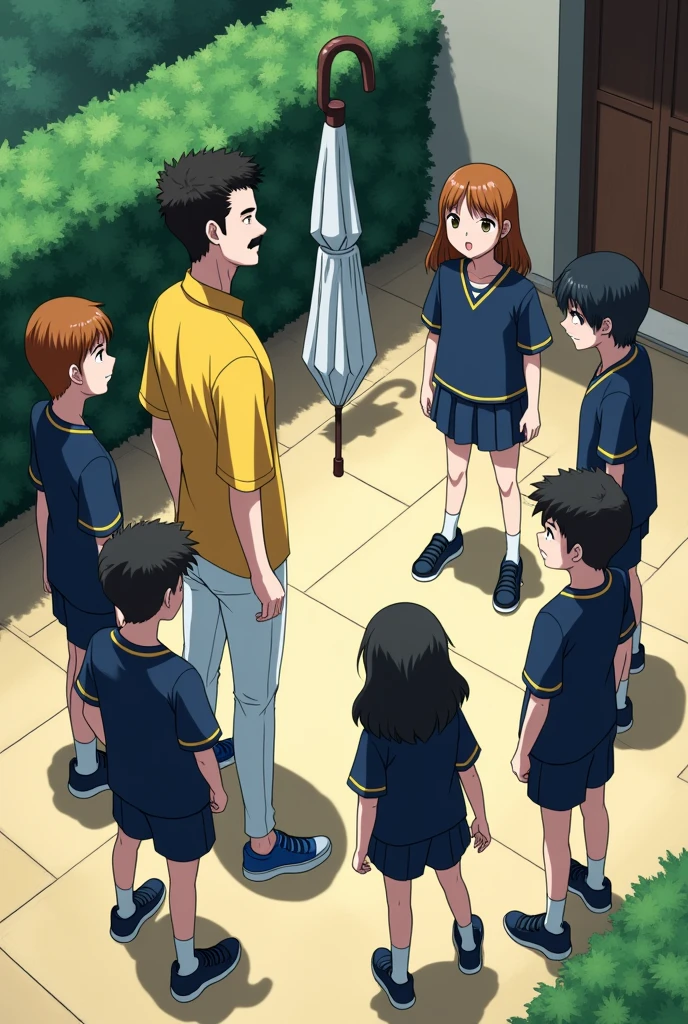 "In an anime-style scene, the medium height, medium build white man with short, curly black hair, white skin, brown eyes, and a goatee is teaching under a tree in the monastery grounds, dressed in his yellow dress shirt, white pants, and blue sneakers. The white Cistercian habit is neatly folded in a corner. Surrounding him are three teenage girls and five teenage boys, all in dark blue school uniforms with yellow trim, blue shorts, and blue sneakers. They are facing a teenage girl villain with hypnotic powers. The atmosphere is tense, with the villain casting a powerful and mesmerizing gaze. The small umbrella that was providing shade has been pushed aside, and the serene setting now contrasts with the dramatic confrontation."