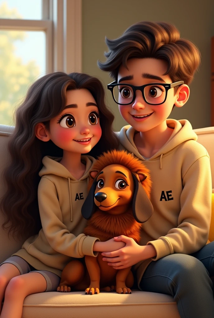 Pixar-style poster of two lovers, in a living room, She is a girl with long brown curly hair , white, with brown eyes, long eyelashes and small nose, with face wearing a beige hoodie with the initials AE small on the right side of the chest; a boy with dark brown hair, with rectangular frame lenses, dark brown eyes, big lips wearing a beige sweatshirt with small initials AE on the left side and a light brown dachshund with a black nose and brown eyes wearing a lion costume.