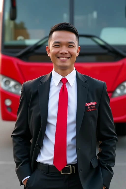 a handsome 2 man from Indonesia, short and neat hair, wearing a white shirt, red tie and covered with a black jacket, with the words "Bus Driver" on the right chest, and the words "Tyo Lumanto" on the left chest, standing in the parking lot, and there is a nice and cool big red bus behind him facing forward, smiling expression, realistic, super HD, detailed.