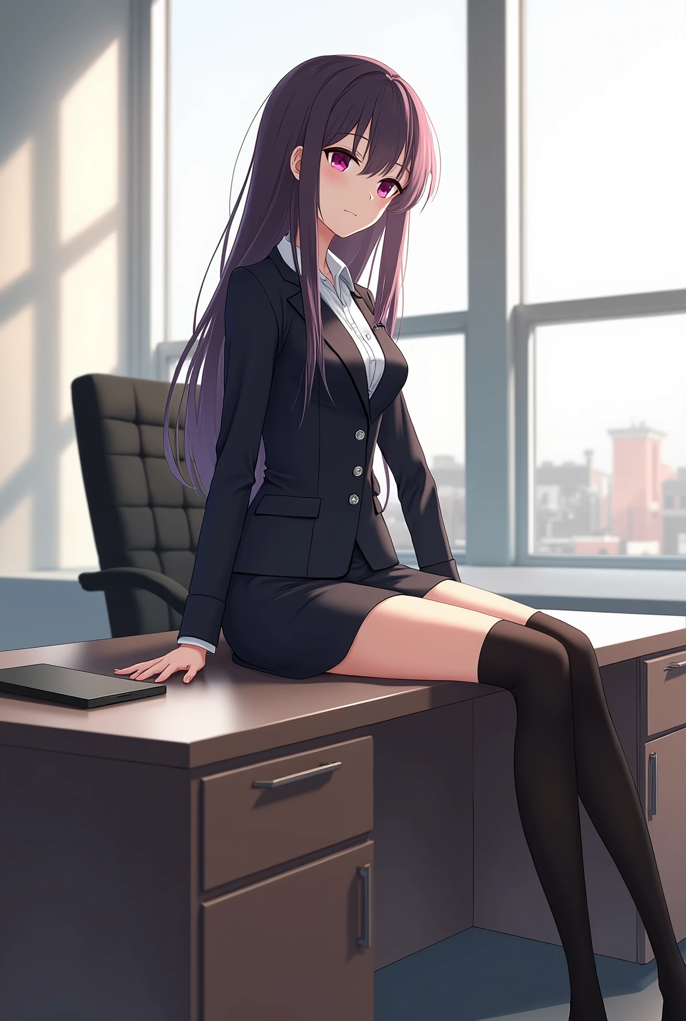 anime girl sitting on a desk with her legs crossed, office clothes, on a desk, thighhighs and skirt, sitting on a desk, tight attire, trending on cgstation, good hips and long legs, standing on a desk, elegant legs, sexy pose, long legs, (sfw) safe for work, business attire, nice legs, photorealistic perfect body, kafka from honkai star rail