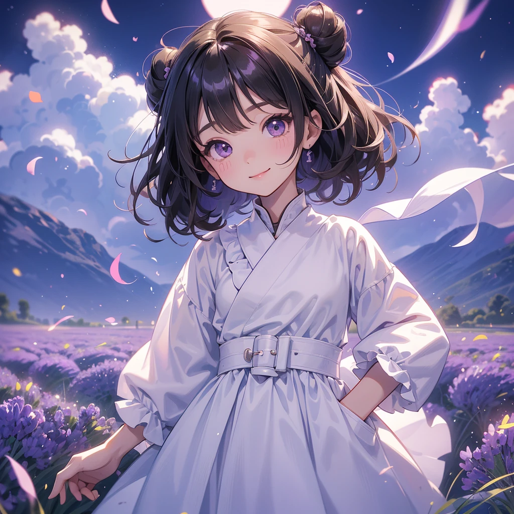A chibi child girl had a small face and wearing a little tourist priest’s outfit, a pair of big round eyes shone with curiosity about him. This child was so cute, her hair is black with buns on her hair. Small chibi , chibi baby, smiling , chibi.
Stroll among the purple lavender fields , There are some floating clouds.