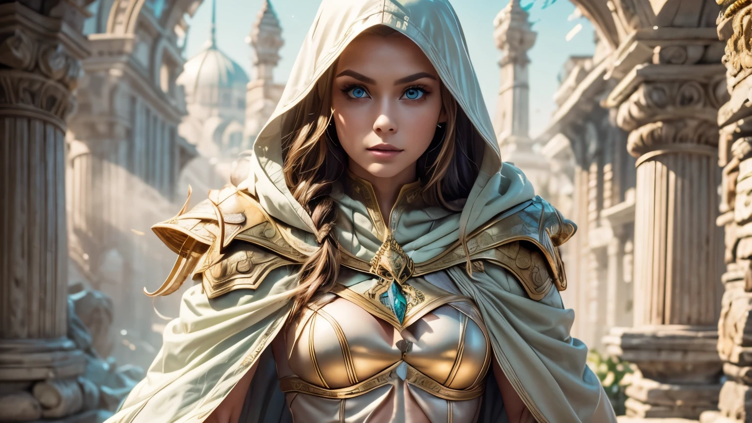 A full-body shot of Princess Zelda, brown hair, blue eyes, dressed as an Assassin from Assassins Creed, in white+gold witha white mask and hood with gold details, XL bust, using a wrist blade. Background: A city during the renaissance period. Unreal Engine 5, Anime, Anime style, Masterpiece, Well drawn eyes, well drawn face, well detailed eyes, well detailed face, 8k, light and shadow effect.