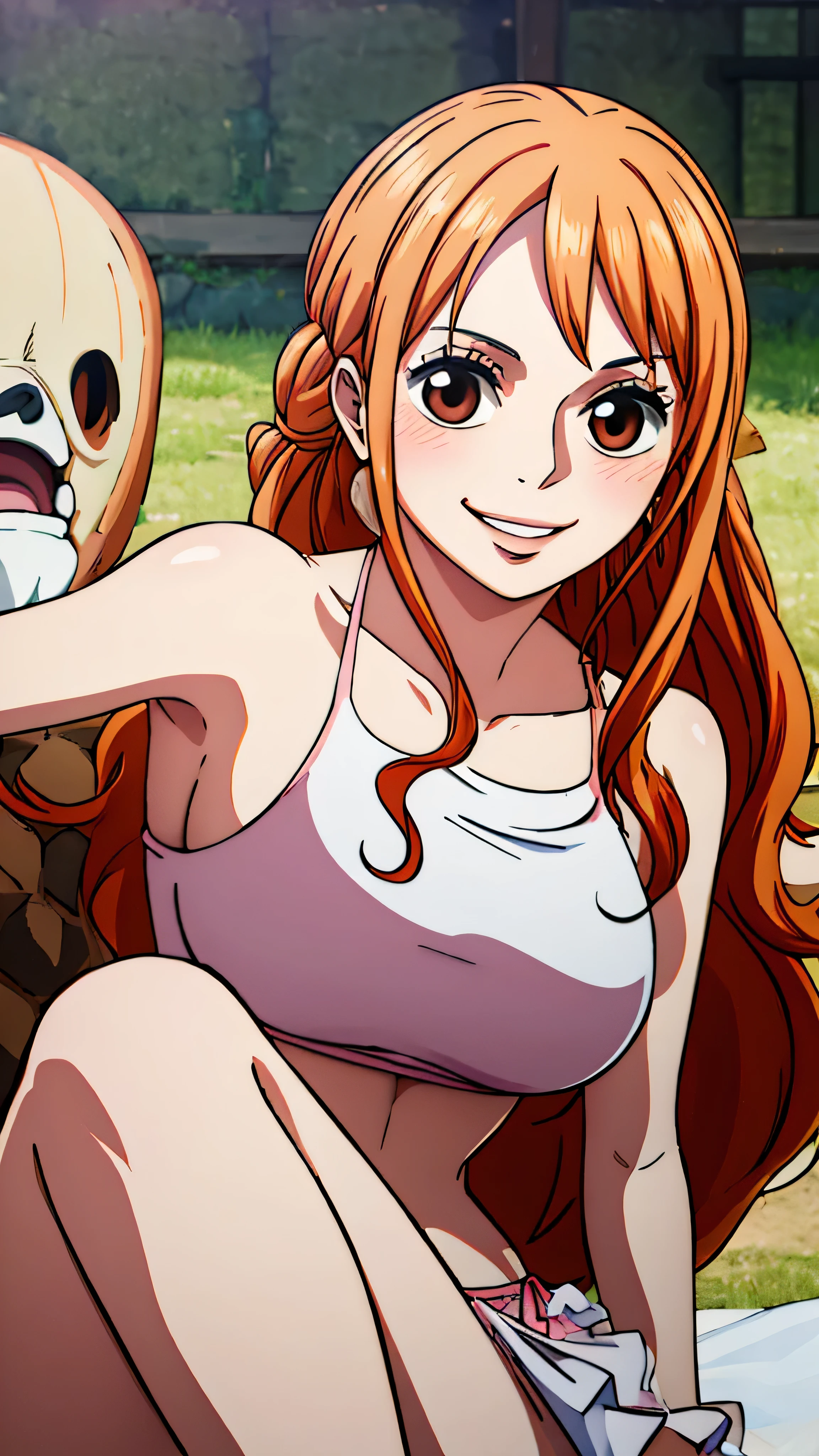 Long Hair, Silky orange hair,Pinkish white skin,Chewy skin,Large Breasts, Marshmallow-like breasts,Highly detailed CG illustration,Chewy thighs,beautiful,((High resolution)), (((Highest quality ))),Realistic beautiful skin,pale pink lips,(masterpiece),one person, gauze, Beautiful smile