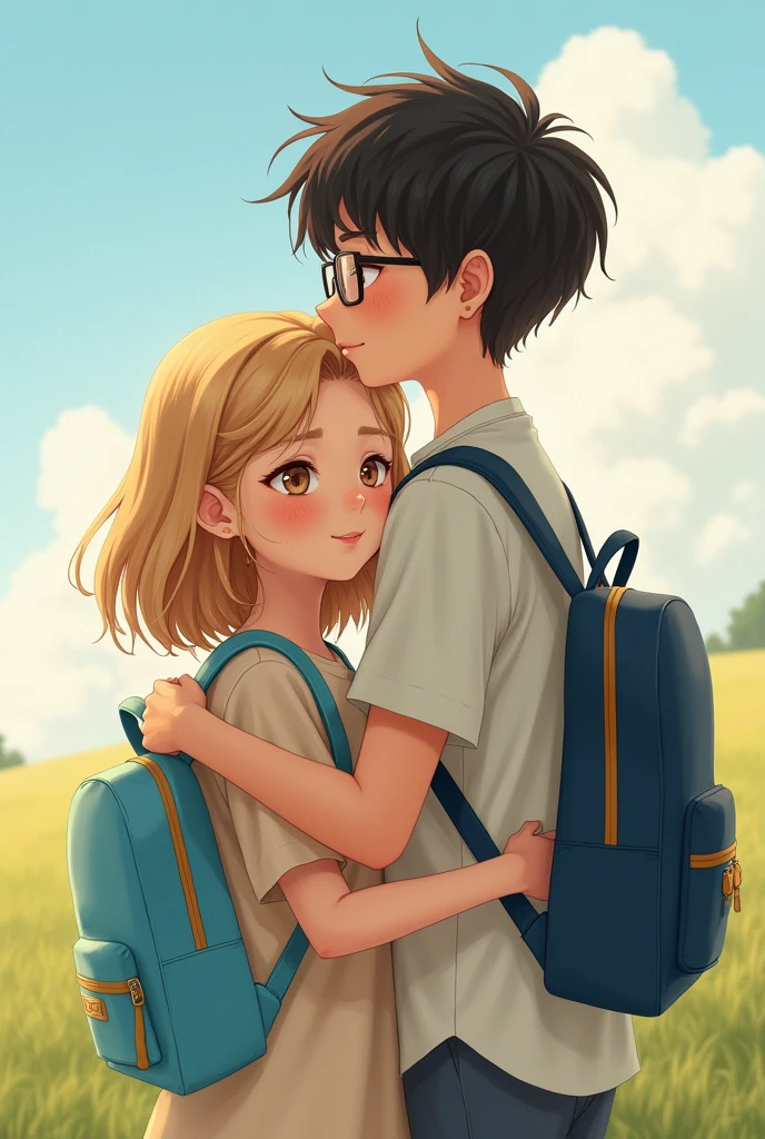 White girl without glasses, shoulder-length blond hair with light brown almond-shaped eyes and long eyelashes and a sky blue backpack hugging a blond boy with very short black hair and slanted eyes with long eyelashes and a small nose with very round glasses and a navy blue backpack