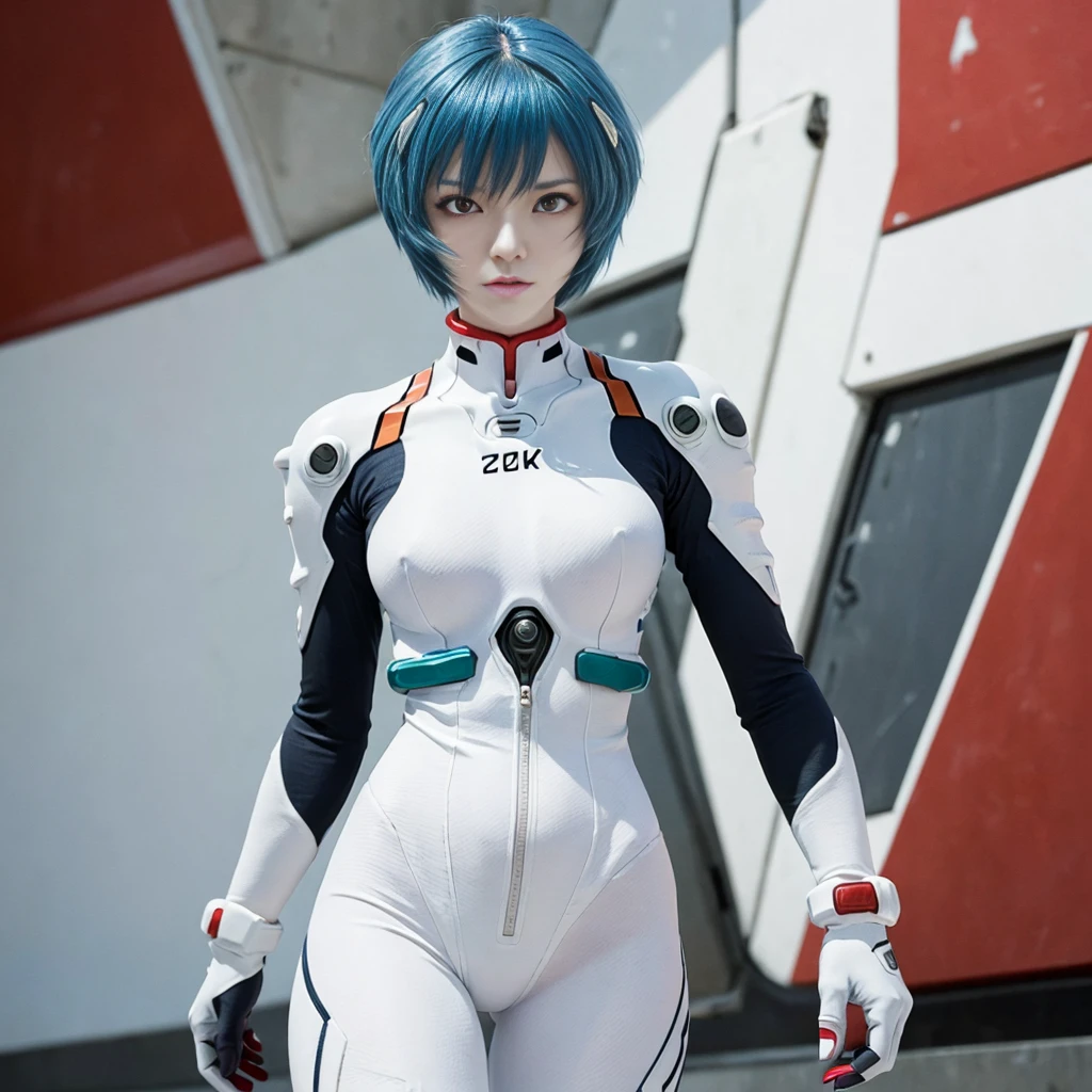 (8k, RAW photo, highest quality, refined details, Masterpiece: 1.2), (high resolution 8k wallpaper), sharp focus, professional lighting, depth of field, cinematic lighting, background blur, Evangelion ayanamirei. She is a Japanese woman with blue hair, (pale skin:1.6),(red eyes:1.5), and a white plug suit. Her futuristic background and realistic style with a cool look are her hallmarks. Quiet atmosphere like science fiction,full body,
