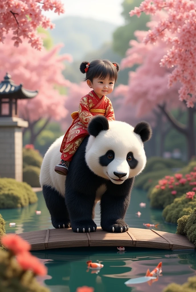 (masterpiece:1.2, Highest quality, Ultra-high resolution, Very detailed, Realistic, RAW Photos:1.2, Elaborate photos), 8k, wallpaper, (Ray Tracing), (Child in a colorful kimono riding a large panda bear through a traditional temple garden), (Stone lanterns, koi ponds, and cherry blossom trees in full bloom), (Panda bear gently stepping over a wooden bridge, child smiling and pointing at the colorful koi fish), A photo that combines the serenity of an ancient garden with the playful wonder of a child riding a panda, capturing a moment of harmony and beauty.