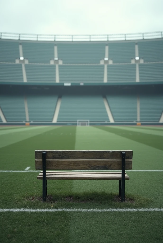 Creez moi une photo en portrait avec un banc de face au mileu d’un stade de foot