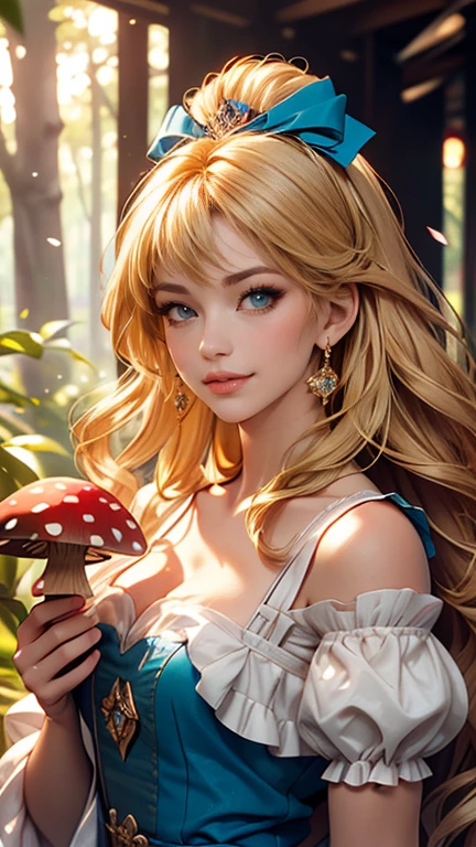 Alice in Wonderland, (Delicate and beautiful CG art), (highest quality, Very detailed, High resolution), (Dynamic Lighting), (One character), (Long blonde hair), blue eyes, Beautiful Face), 1 woman, smile, blushing, red cheek, forest, cute, holding a mushroom 