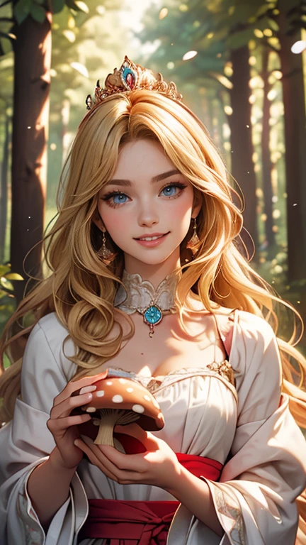 Alice in Wonderland, (Delicate and beautiful CG art), (highest quality, Very detailed, High resolution), (Dynamic Lighting), (One character), (Long blonde hair), blue eyes, Beautiful Face), 1 woman, smile, blushing, red cheek, forest, cute, holding a mushroom 