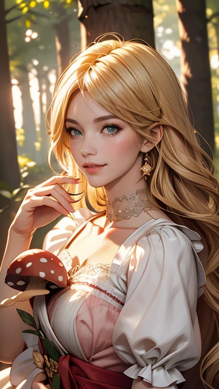 Alice in Wonderland, (Delicate and beautiful CG art), (highest quality, Very detailed, High resolution), (Dynamic Lighting), (One character), (Long blonde hair), blue eyes, Beautiful Face), 1 woman, smile, blushing, red cheek, forest, cute, holding a mushroom
