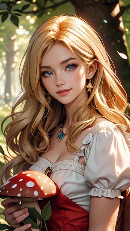 Alice in Wonderland, (Delicate and beautiful CG art), (highest quality, Very detailed, High resolution), (Dynamic Lighting), (One character), (Long blonde hair), blue eyes, Beautiful Face), 1 woman, smile, blushing, red cheek, forest, cute, holding a mushroom 
