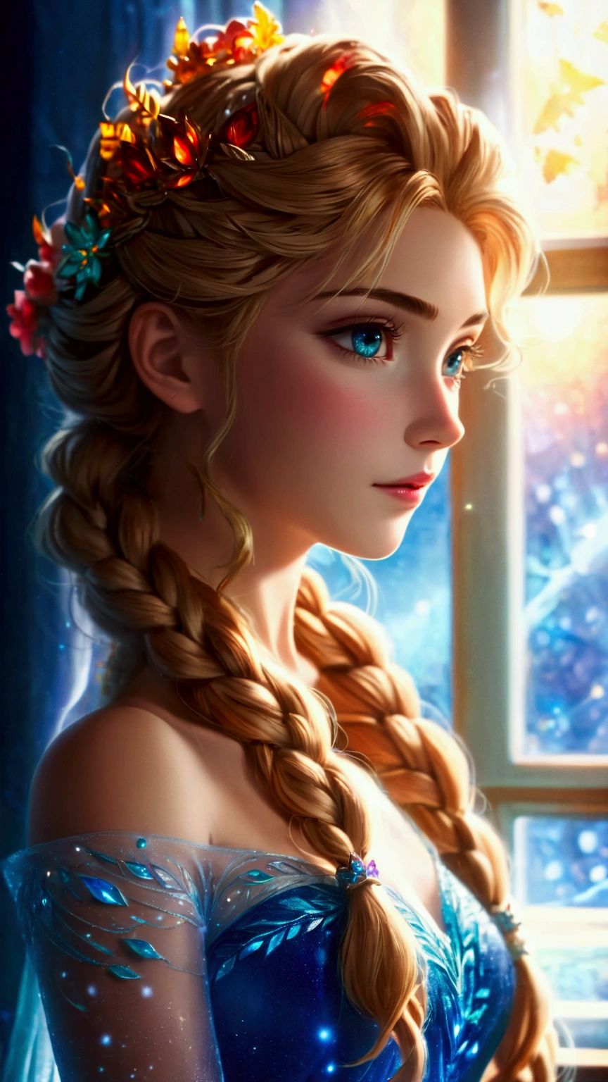 One girl, Elsa, adult,Adult,older sister,aldult,Braided hair, Long Hair, (Rear view:1.4), indoor, Sit by the window, anime screenshot, sauce_anime, Dramatic composition, Dynamic action scenes like in a movie, Vibrant colors, Cinema Lighting, Dramatic lighting, Highest quality, masterpiece, so beautiful, Perfect composition, Intricate details, Very detailed,