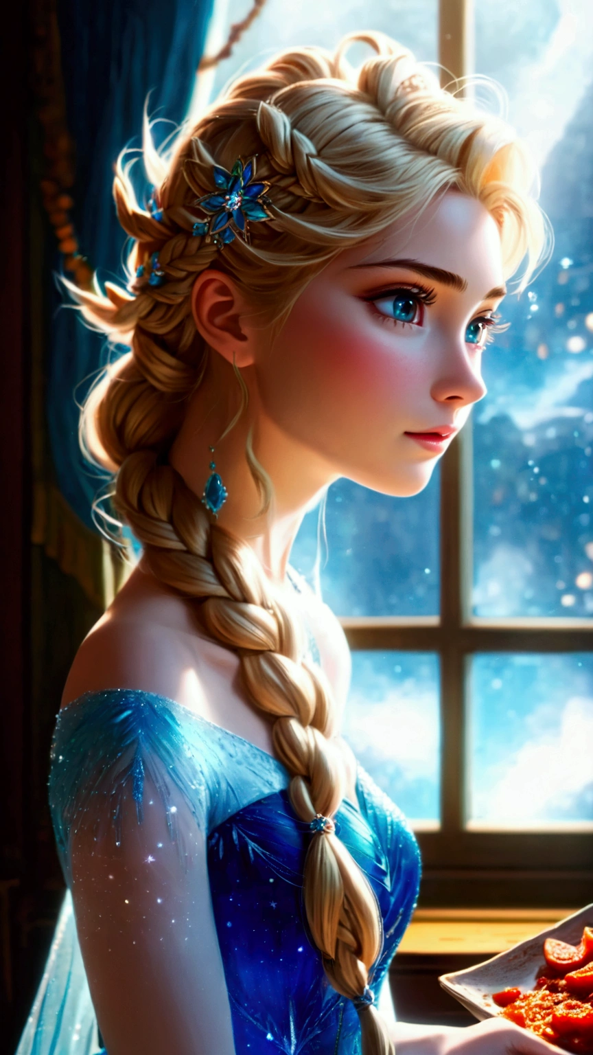 One girl, Elsa, adult,Adult,older sister,aldult,Braided hair, Long Hair, (Rear view:1.4), indoor, Sit by the window, anime screenshot, sauce_anime, Dramatic composition, Dynamic action scenes like in a movie, Vibrant colors, Cinema Lighting, Dramatic lighting, Highest quality, masterpiece, so beautiful, Perfect composition, Intricate details, Very detailed,