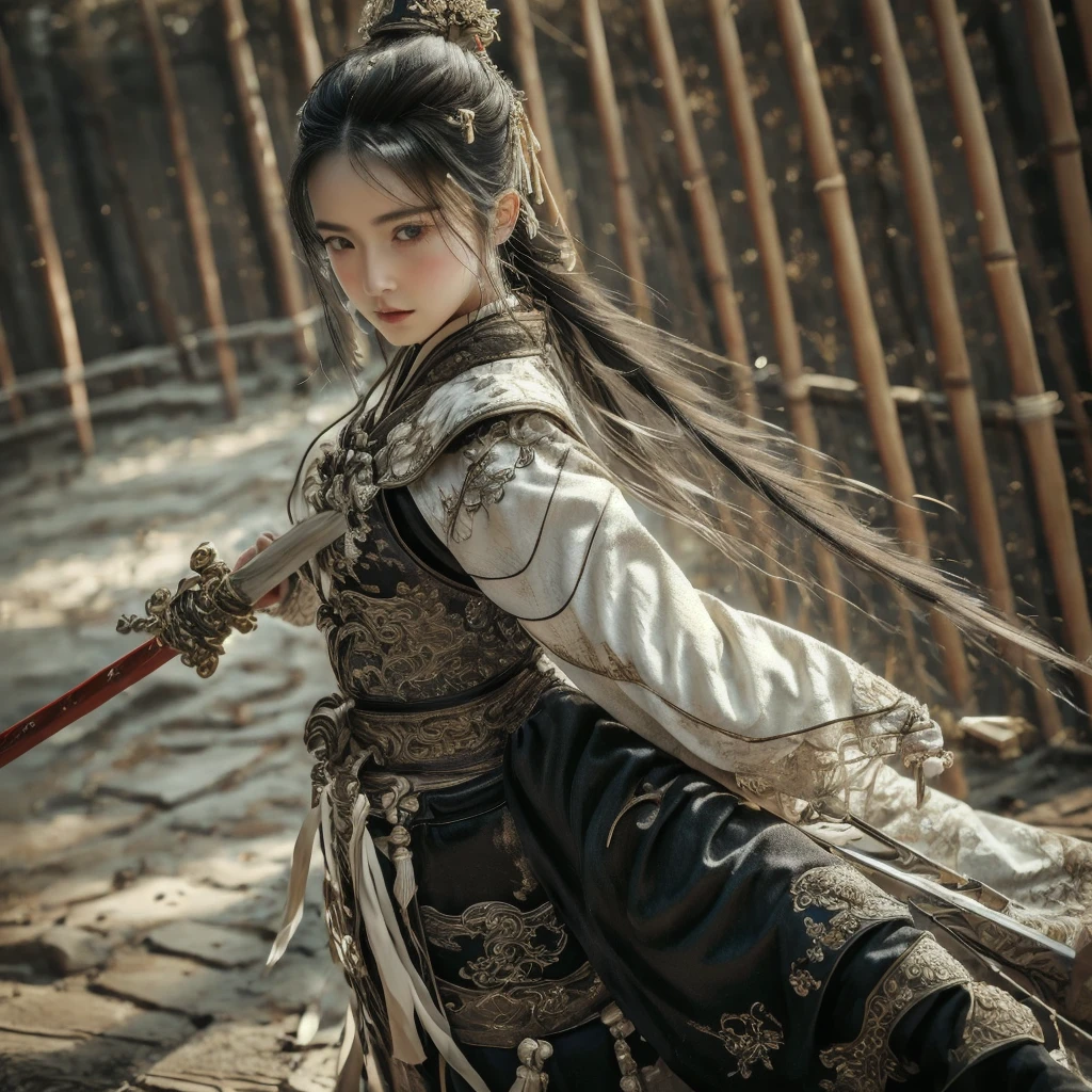 (dramatic, gritty, intense:1.4),masterpiece, best quality, 8k, insane details, intricate details, hyperdetailed, hyper quality, high detail, ultra detailed, Masterpiece,
1girl,solo, hanfu,dress,red ribbon,jewelry,wind,long sleeves,long hair, hair ornament,tassel,
holding weapon, sword,
looking at viewerrealisticbamboo groveChinese architecture
