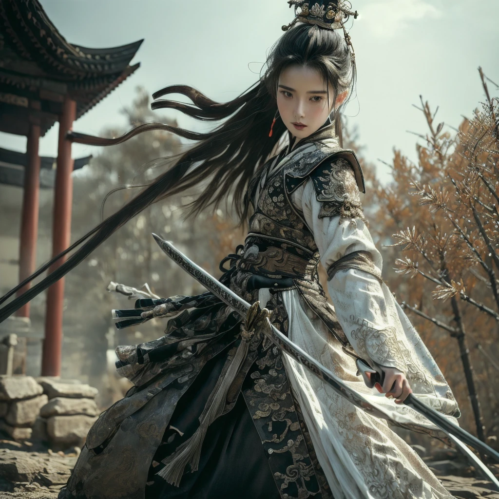 (dramatic, gritty, intense:1.4),masterpiece, best quality, 8k, insane details, intricate details, hyperdetailed, hyper quality, high detail, ultra detailed, Masterpiece,
1girl,solo, hanfu,dress,red ribbon,jewelry,wind,long sleeves,long hair, hair ornament,tassel,
holding weapon, sword,
looking at viewerrealisticbamboo groveChinese architecture
