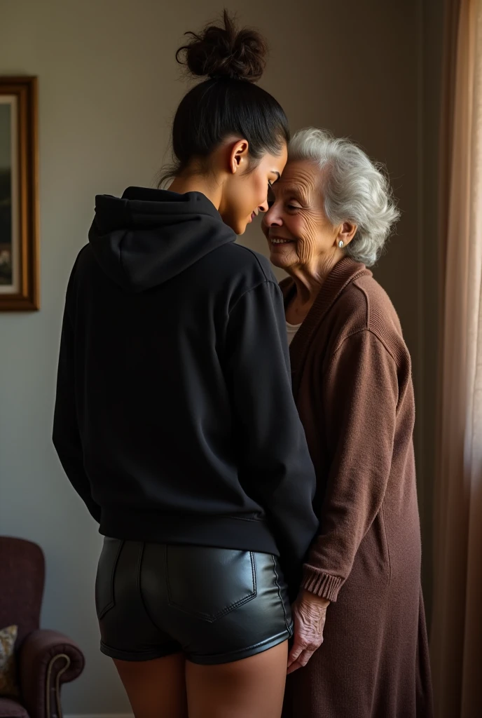 black woman hair in a bun black hoodie black leather short shorts being fucked in the ass by a old grandma in a dress