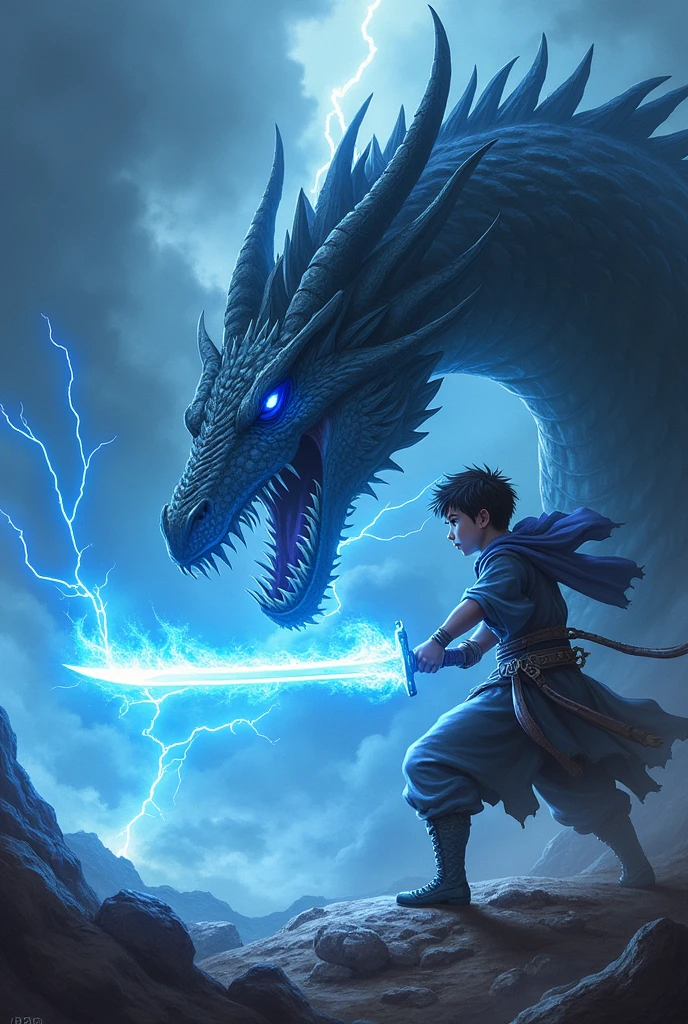 Make a boy with a blue fire sword cutting a dragon 