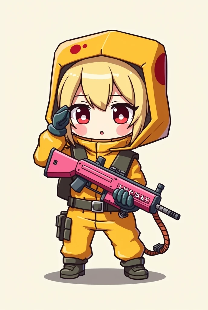 DESSIN VERSION CHIBI D UN PERSONAGE FILLE AU CHEVEUX BLOND DU JEUX VIDEO RUST EN HAZMAT QUI EST ROUGE SUR LA TETE ET JAUNE SUR LE CORT LA CAPUCHE EST CARRE AVEC UNE AK ROSE AEC ECRIT HAESTIA DESSUS 
DANS UNE MAINS ET DANS L4AUTRE ELLE LEVE LA VISIERE DE SON HAZMAT 