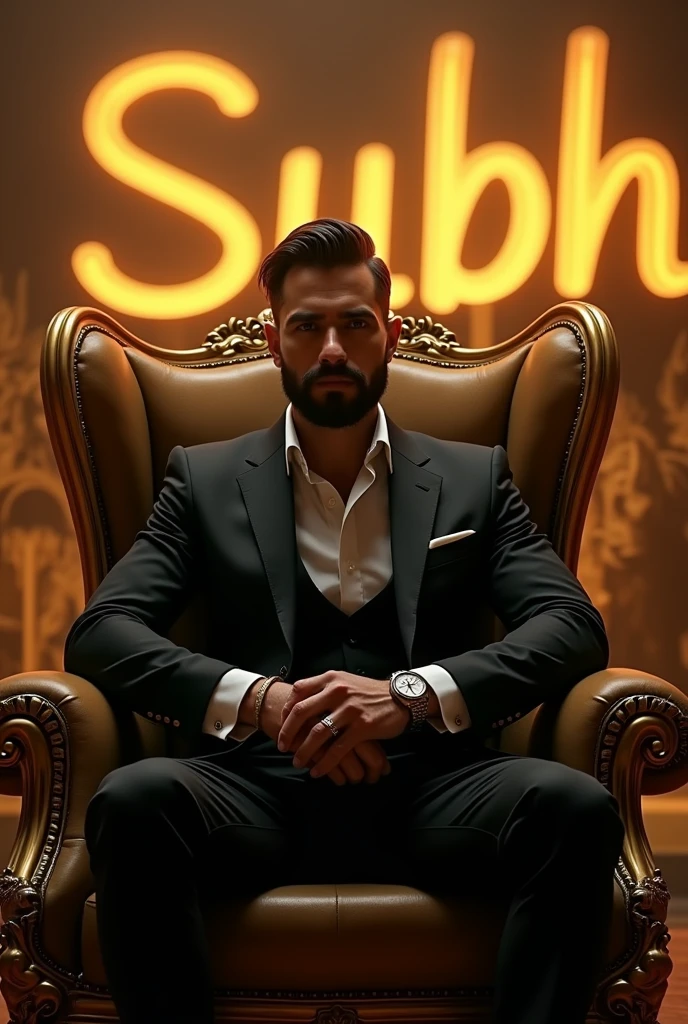 Create a illusion image where a man wearing luxury black suit and sitting on king type old golden chair, where is shadow of lion in background.
Man is looking in attitude and looking at camera ahead
In background "SUBH" is written with bold and golden neon effects in bold letters.
Also he's wearing a luxury watch.
Also there's a lighting effect in the background which reflecting power of lion.