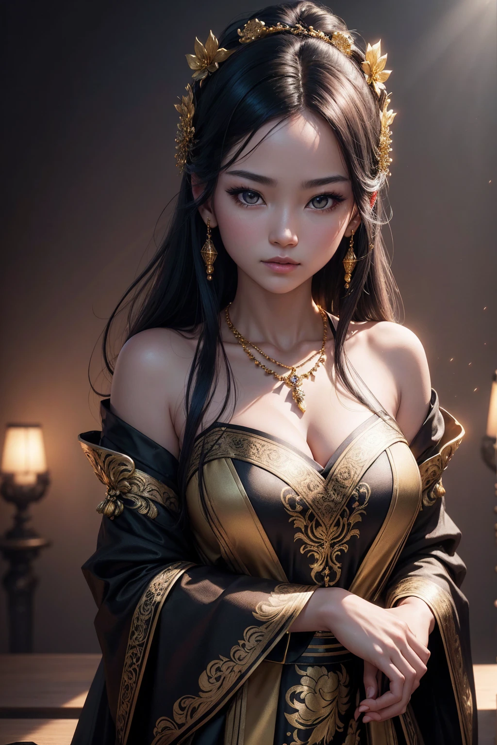 最high quality, masterpiece, High resolution, One girl,Gold and black Chinese dress,hair ornaments,necklace, jewelry,Beautiful Face,On top of that_body, Tyndall effect,Realistic, Dark studio, Rim Light, Two-tone lighting,(Skin with attention to detail:1.2), 8k uhd, Digital SLR, Soft lighting, high quality, Volumetric lighting, Frank, photograph, High resolution, 4K, 8k, Bokeh