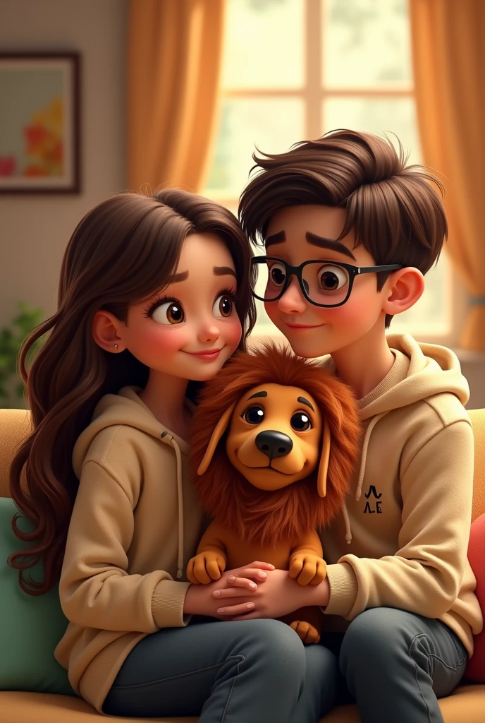 Pixar-style poster of two lovers, in a living room, She is a girl with long brown curly hair , white,  with brown eyes, long eyelashes and small nose, with face wearing a beige hoodie with the initials AE small on the right side of the chest; a boy with dark brown hair, with rectangular frame lenses, dark brown eyes,  big lips wearing a beige sweatshirt with small initials AE on the left side and a light brown dachshund with a black nose and brown eyes wearing a lion costume.