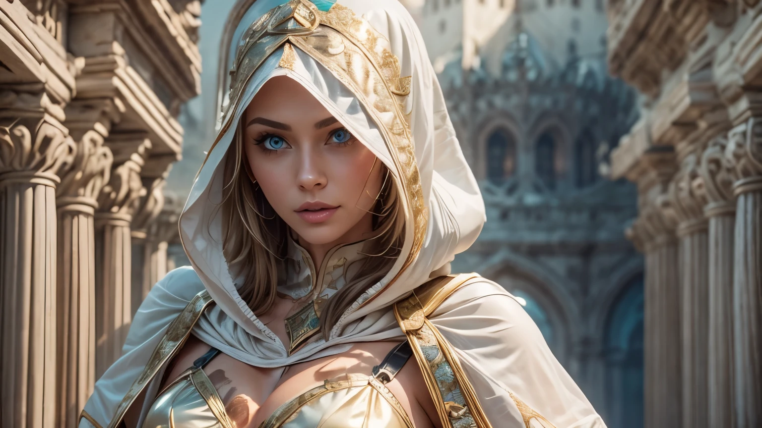 A full-body shot of Princess Zelda, brown hair, blue eyes, dressed as an Assassin from Assassins Creed, in white+gold witha white mask and hood with gold details, XL bust, using a wrist blade. Background: A city during the renaissance period. Unreal Engine 5, Anime, Anime style, Masterpiece, Well drawn eyes, well drawn face, well detailed eyes, well detailed face, 8k, light and shadow effect.  