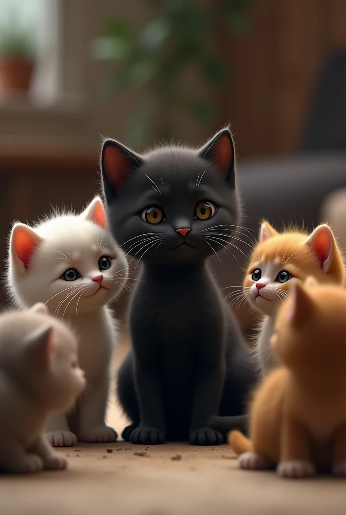 Sad black kitten crying because other kittens are laughing at him