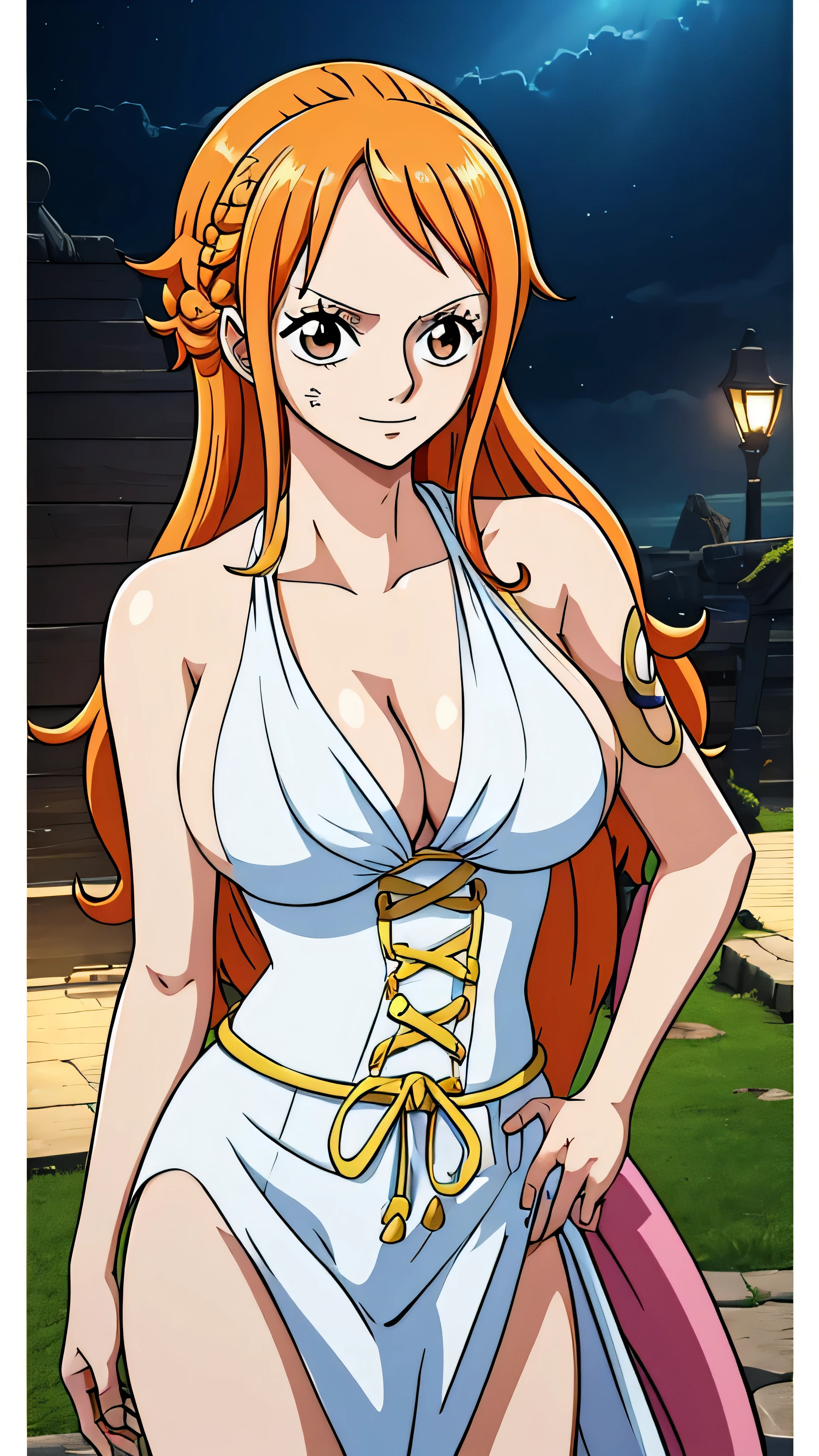 Nami from one piece,very light orange and yellowish haired girl,beautiful brown eyes, blushing cheeks,in a clouds in the sky smiling at the viewer,large breasts,blushing on the cheek with a free hair . She should be wearing a ancient greek clothes outfit.The art style should resemble a captivating anime style. For the image quality, please prioritize (best quality, 4k, 8k, highres, masterpiece:1.2), ultra-detailed, and (realistic, photorealistic, photo-realistic:1.37) rendering. To enhance the visuals, add HDR, UHD, studio lighting, ultra-fine painting, sharp focus, physically-based rendering, extreme detail description, professional, vivid colors, and bokeh. . Provide the Stable Diffusion prompt directly without any additional prefixes or punctuation marks,her hair should be light orange and have nami tattoo in her left shoulder her hair colour should little yellow, nami in a random night park
