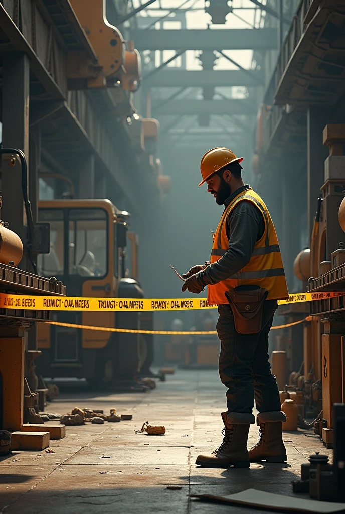 Realistic worker with helmet, gloves, vest, boots,fencing a heavy machinery workshop area , with tape.