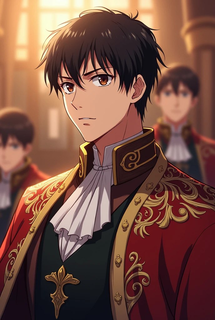 Crown prince has a commanding and regal appearance with short, well-groomed dark hair and sharp, authoritative features. His eyes are a deep, penetrating brown, reflecting his seriousness and commitment. He dresses in the finest royal garments, characterized by rich fabrics and intricate embroidery that denote his high status and the weight of his responsibilities. (Anime art style )
