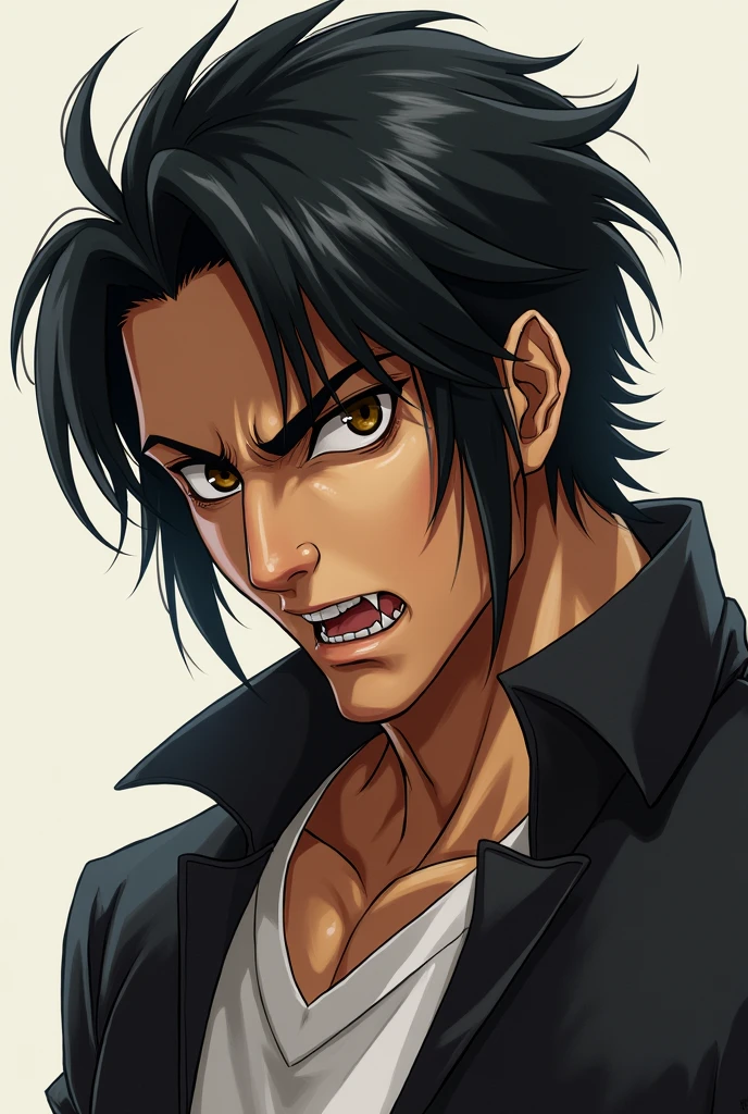 Keisuke Baji of Tokyo Revengers is not a pirate. shoulder length hair, black hair. Brown eyes. prominent fangs. muscular. 