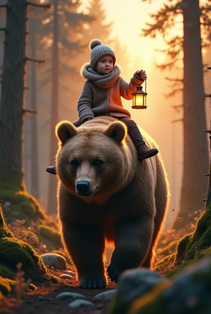 (masterpiece:1.2, Highest quality, Ultra-high resolution, Very detailed, Realistic, RAW Photos:1.2, Elaborate photos), 8k, wallpaper, (Ray Tracing), (Child wearing a woolen sweater and hat riding a massive brown bear), (Nordic forest bathed in the golden glow of the setting sun, tall pines and moss-covered rocks), (Bear moving slowly, child holding a lantern that glows softly, shadows dancing on the forest floor), A photo that captures the magic of twilight in a Nordic forest, where a child and a bear share a quiet adventure under the fading light.