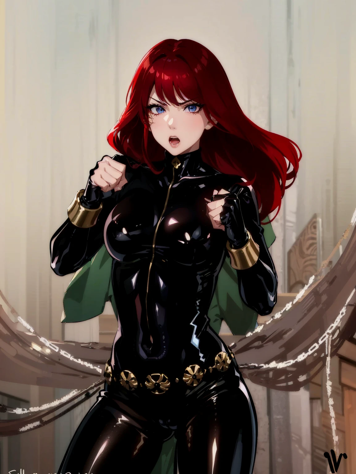 The image is a drawing of a girl with red hair dressed in a sleek skin-tight shiny black latex bodysuit with a silver zipper running down the front. The suit is complemented by her golden wrist guard on both wrists and a golden belt made of shiny circles. She has blue eyes. She stands with a strong posture, hands clenched into fists at her sides, and eyes cast with a determined or fierce gaze. In the background, there are white chains that curve upwards. Her overall stance and the background chains convey a powerful presence and a sense of energy, readiness for action, and possibly a dangerous situation.