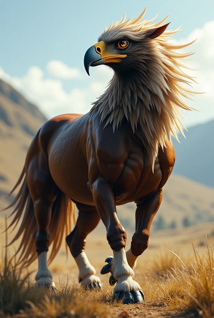 A highly realistic image featuring a creature with the face of a powerful eagle and the body of a sleek, muscular horse. The eagle’s head is detailed with sharp, intense eyes, a strong, curved beak, and finely textured feathers. The face blends seamlessly into the horse’s body, which is covered in a glossy, smooth coat. The creature stands in a natural outdoor setting, perhaps in a wide-open field with tall grass or a gently sloping hillside, under a bright, clear sky. The overall image has a lifelike quality, with attention to detail in the textures and lighting, making the hybrid creature appear as if it could exist in the real world