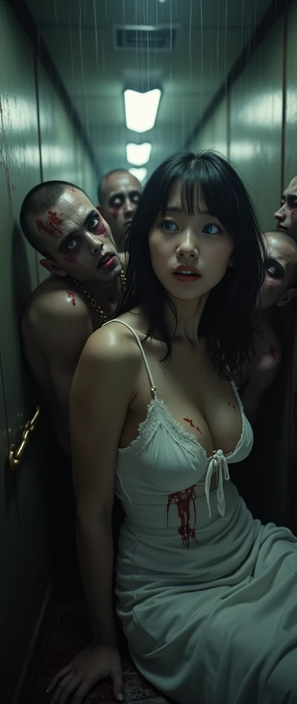 (32K:1.9, Horror expression:1.9, Highest quality, masterpiece, Ultra-high resolution), Professional random camera work, Perfect dynamic composition, Highly detailed skin and facial textures, Detailed eyes, Detailed limbs, (The Darkest Dungeon:1.3), cute, Sexy and slim Japanese woman:1.2, Fair skin, Tilt your head, (5 Zombies:1.7, Zombie touching a woman:2.0, Raindrops falling from the ceiling:1.5), (Her huge breasts are bursting at the seams, areola is not visible, Big cleavage, A look of despair:1.3, Expression of despair:1.3, Totally captivates you, Pure white camisole dress:1.5), Beautiful Blue Eyes, Beautiful erotic eyes, Sexy Face, blush, Beautiful sensual atmosphere, ((Bloody:2.0, Covered in bruises:2.0, Bruises on the face:2.0, Lots of big chains:1.9, Crucified:1.9, Countless chains tangled in clothes:1.9, His right arm is attached to a cross:1.9, The left arm is attached to a cross:1.9, Both hands are chained、Tied tightly to the cross, The right leg is bound with a shackle and chain:1.9, The left leg is bound with a shackle and chain:1.9)), (Too erotic)