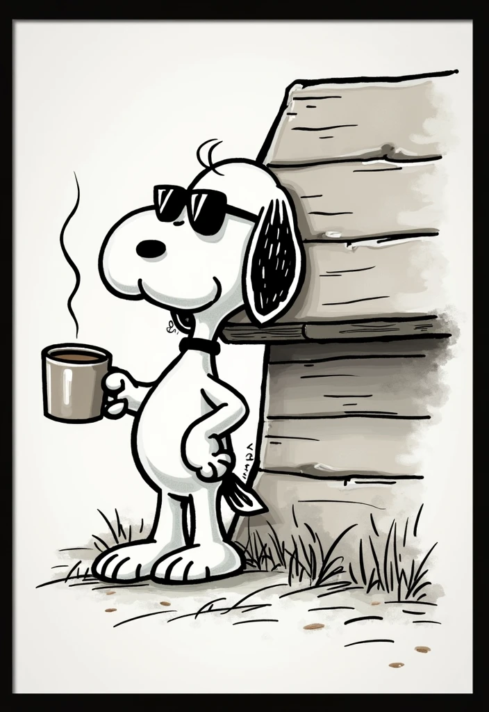 snoopy with sunglasses leaning against the little house, holding a cup of coffee, wooden house, clean and precise line strokes, straight lines without deformations
