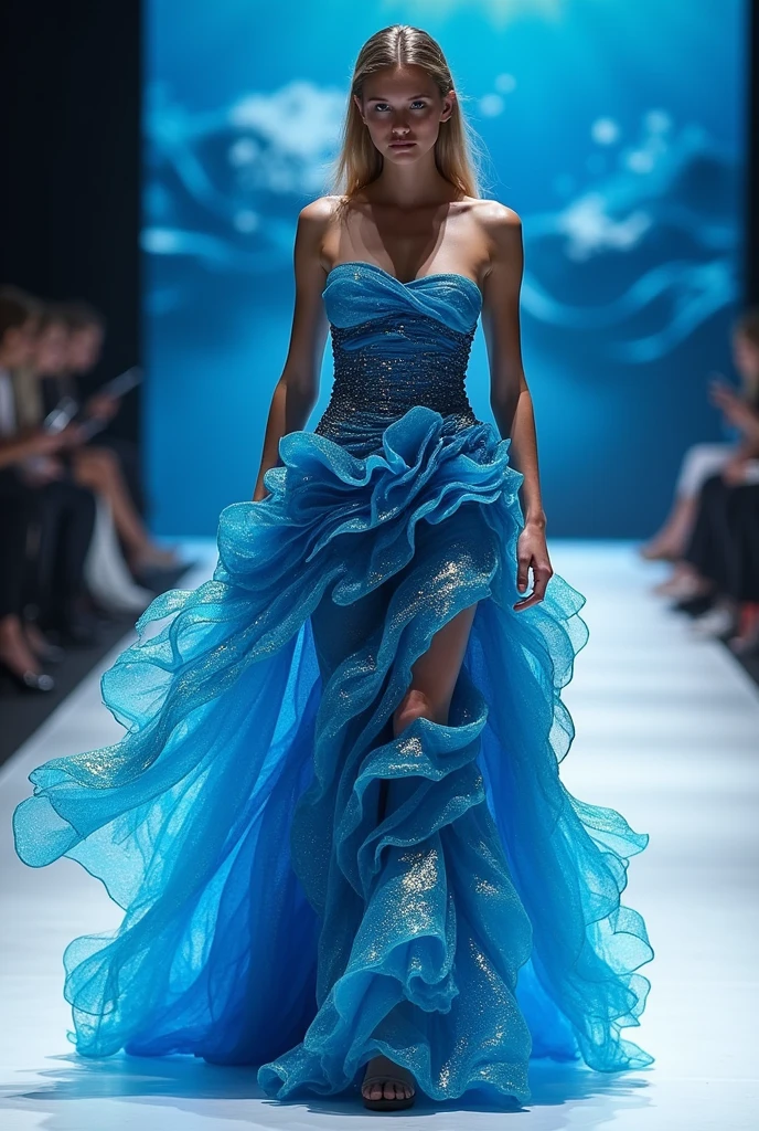 Fashion show costume showing dynamics,power and elegance of ocean with wave and different shades of blue adding layers