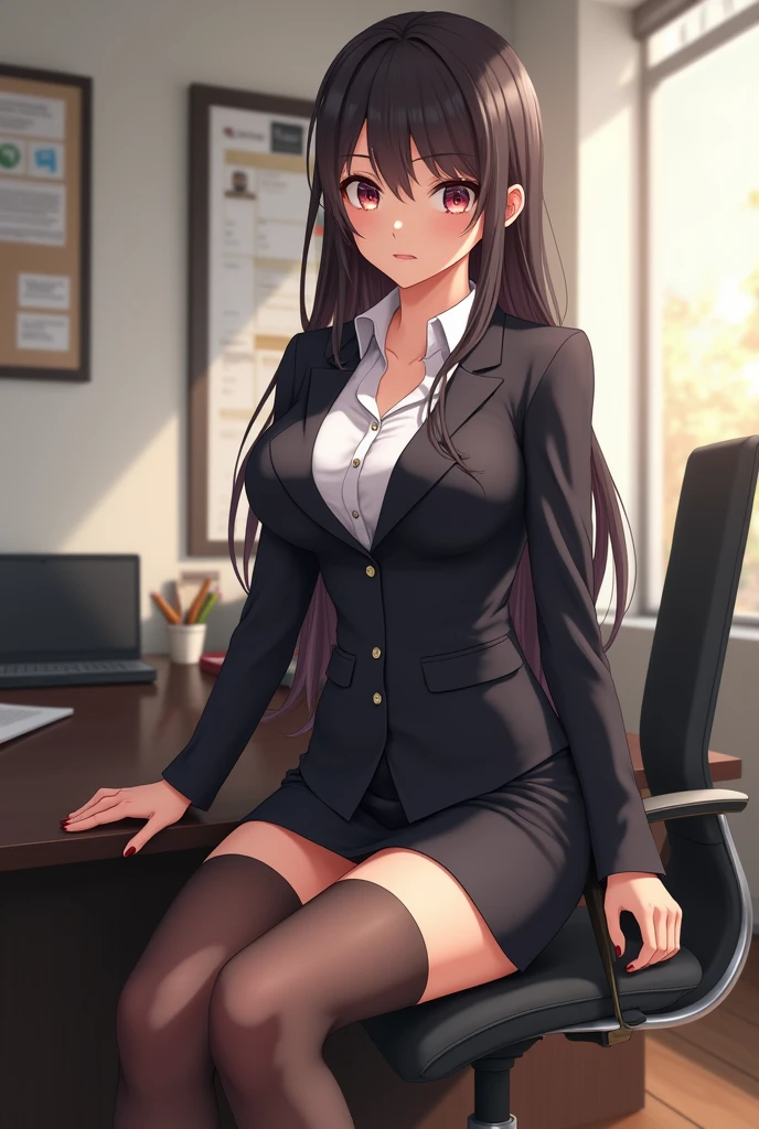 anime girl sitting on a desk with her legs crossed, office clothes, on a desk, thighhighs and skirt, sitting on a desk, tight attire, trending on cgstation, good hips and long legs, standing on a desk, elegant legs, sexy pose, long legs, (sfw) safe for work, business attire, nice legs, photorealistic perfect body,