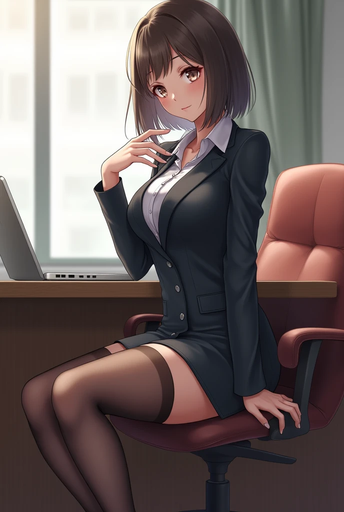 anime girl sitting on a desk with her legs crossed, office clothes, on a desk, thighhighs and skirt, sitting on a desk, tight attire, trending on cgstation, good hips and long legs, standing on a desk, elegant legs, sexy pose, long legs, (sfw) safe for work, business attire, nice legs, photorealistic perfect body, 