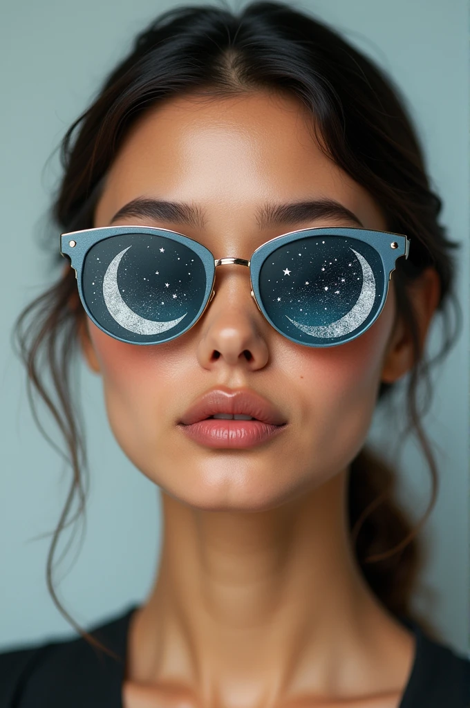 The model is wearing glass sunglasses with stars and the moon on the glass