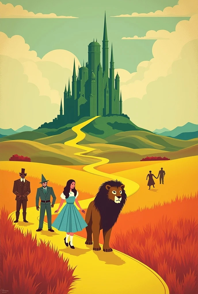 **Prompt pour SeeArt AI** :
*Create a stylized poster in the distinctive design style of Olly Moss for "The Wizard of Oz". The overall color palette should be dominated by various shades of yellow, except for the Emerald City, which should stand out in vibrant green. The composition should feature Dorothy, the Scarecrow, the Tin Woodman, and the Cowardly Lion, each depicted at different levels or layers, perhaps symbolizing their journey or growth. The use of negative space should be prominent, and the design should evoke a sense of nostalgia and adventure, with a minimalistic yet impactful aesthetic.*