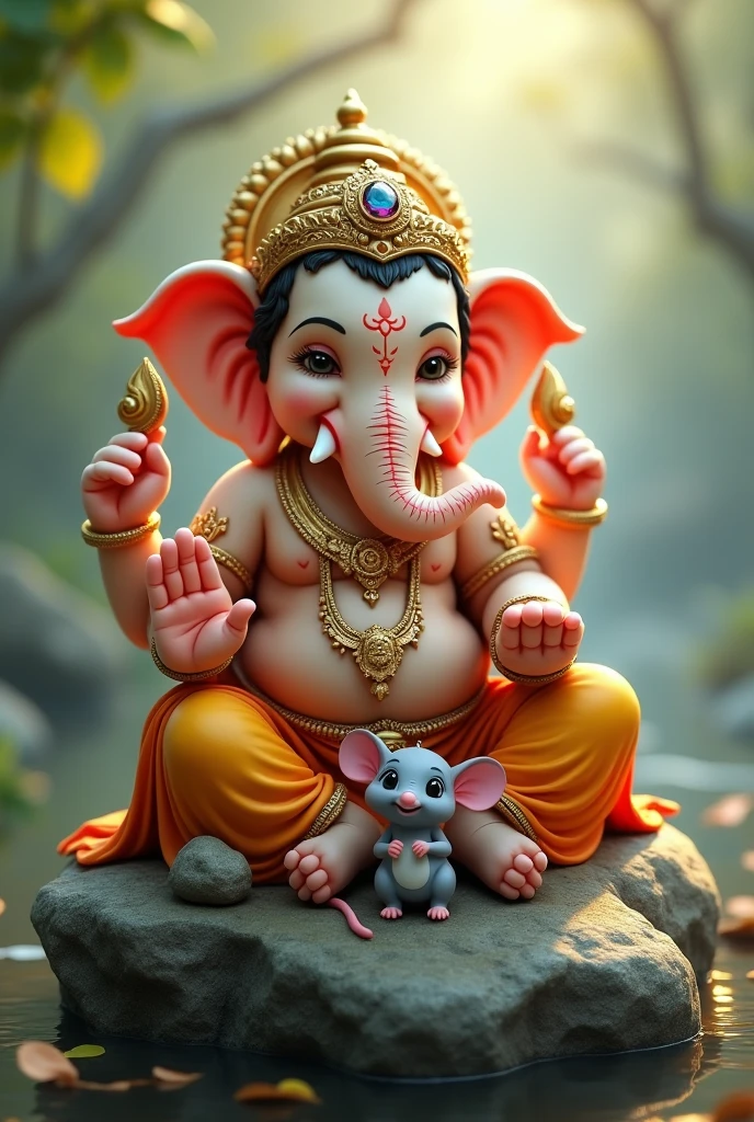 Bal ganesh sitting on stone with mouse and ganesha's hands on mouse with lovely smile.....