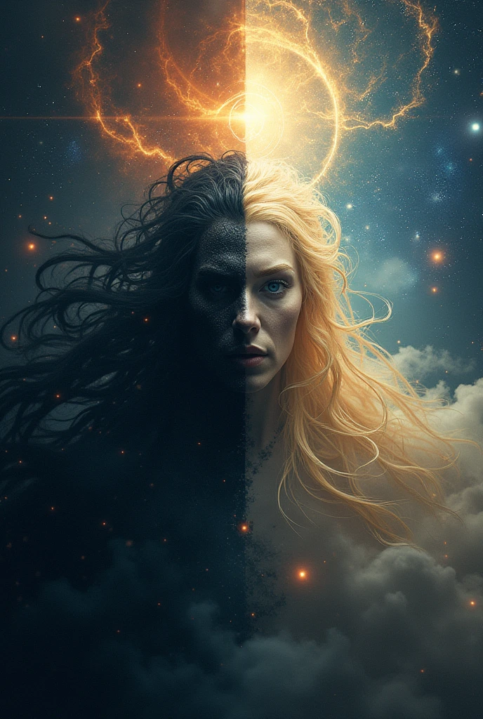 Make an image where on one side represents evil and on the other good based on the context of humanity and the universe