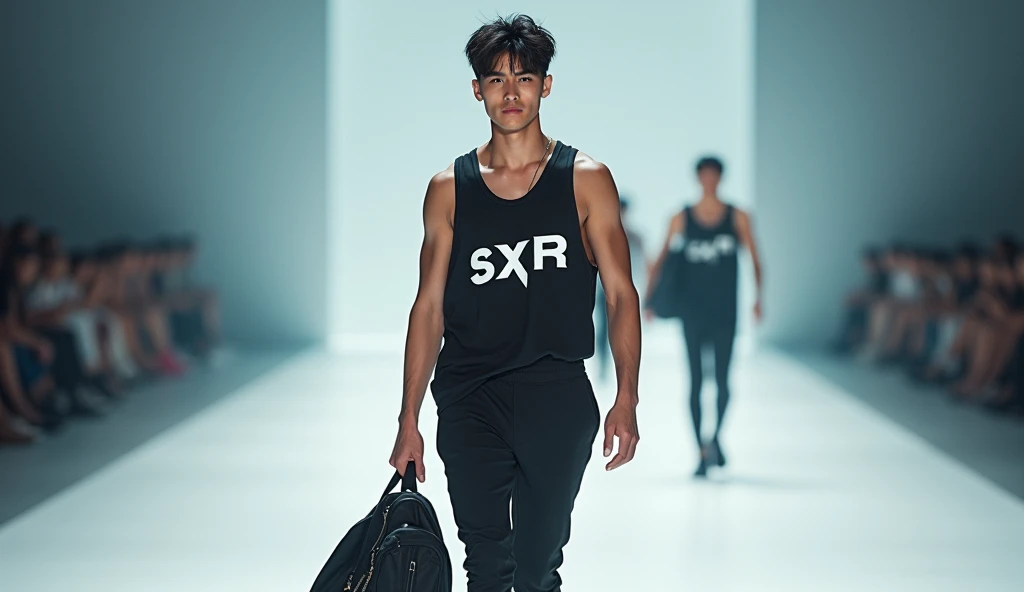 a sportwear fashion handsome 18 yrs. old, k pop Asian male model, runway show full body holding sports bag pack, tank top casual wear style, SXR logo design, ultra-detailed, film photography, light leaks, trending on sportwear, sharp focus, studio photo, futuristic detail please remember the following text:
"A sportswear fashionable 1 K-pop Asian male model walking the runway, carrying a sports backpack, wearing a casual tank top featuring the SXR logo design. The photo is ultra-detailed, shot using film photography with light leaks. The style is currently trending in sportswear, with sharp focus and futuristic details, captured in a studio setting." ls, highly detailed