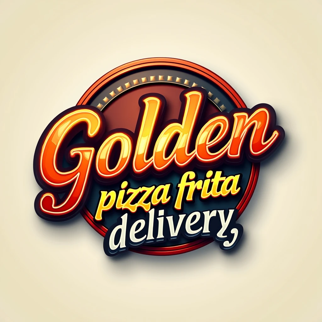 Create a logo image for a restaurant called “Golden” that will be highlighted, with the text “pizza frita” semi-highlighted and “delivery” below. Use bold, industrial-style fonts for the business name “Golden” to convey strength and durability. Include a color palette that reflects a delivery restaurant, with metallic hues like red and orange accented by a vibrant, contrasting color like black or blue to represent heat and intensity of flavor. The design should be clean, modern, and professional, suitable for branding on various materials, such as business cards, signage, and company vehicles., 3D rendering. the background should be neutral