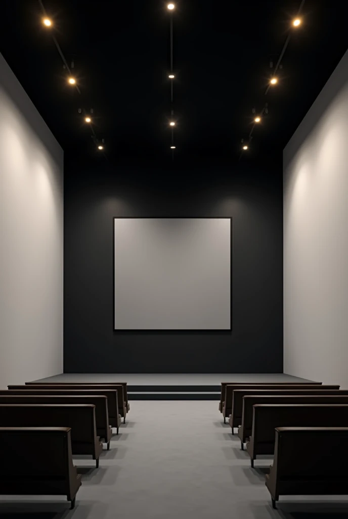 Interior of a minimalist evangelical church in a rectangular shape, black background wall with led panel in the center, black upper ceiling with several yellowish light points, party lights pointing at stage and illuminating, white side walls.