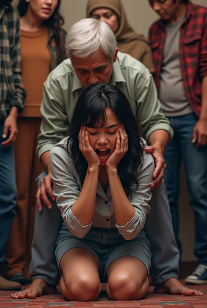 Young woman,20 years,hysterics,there are relatives around,She's on her knees,father calms her down