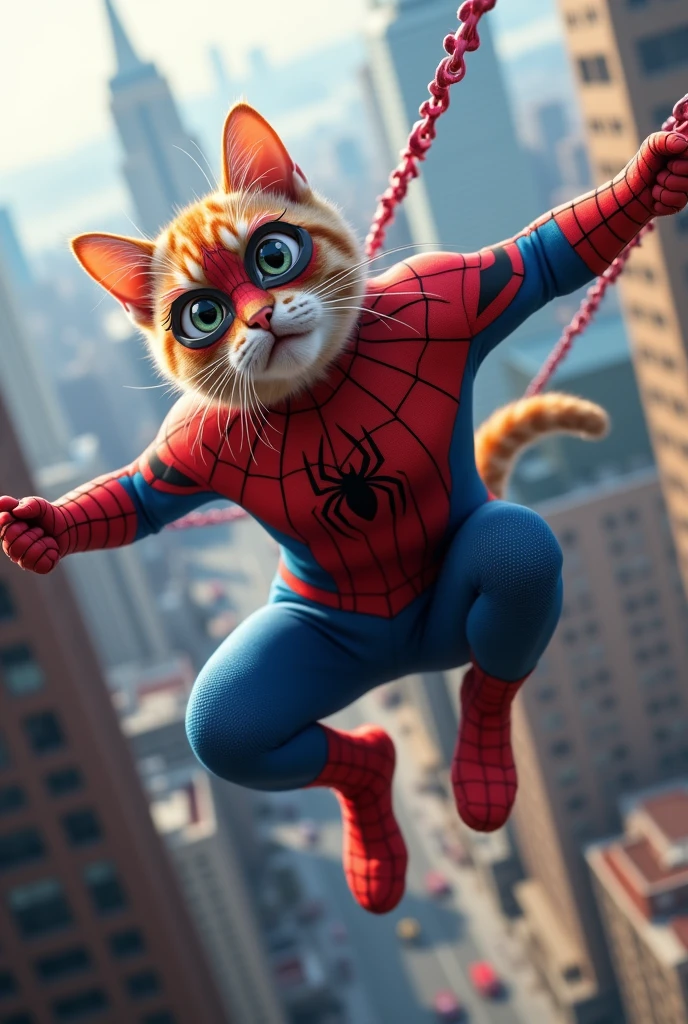 cat wearing spiderman costum jumping on the building by his net.and helping the helpless people by his net .